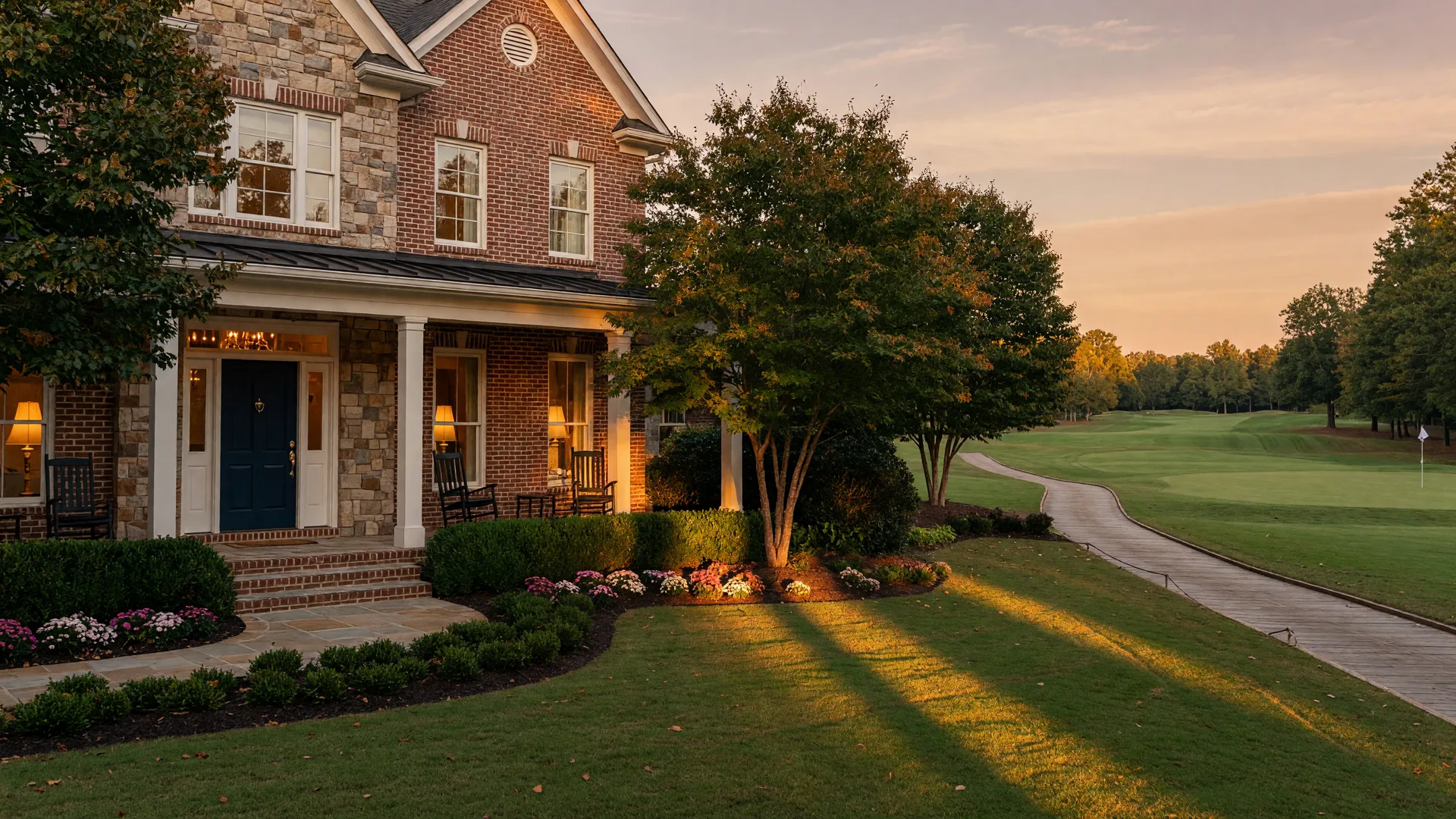 Elegant brick and stone home on a golf course fairway at golden hour, freshly refreshed with a new garage door, deep navy front door, and warm glowing windows, representing the renovate or sell decision of 2026