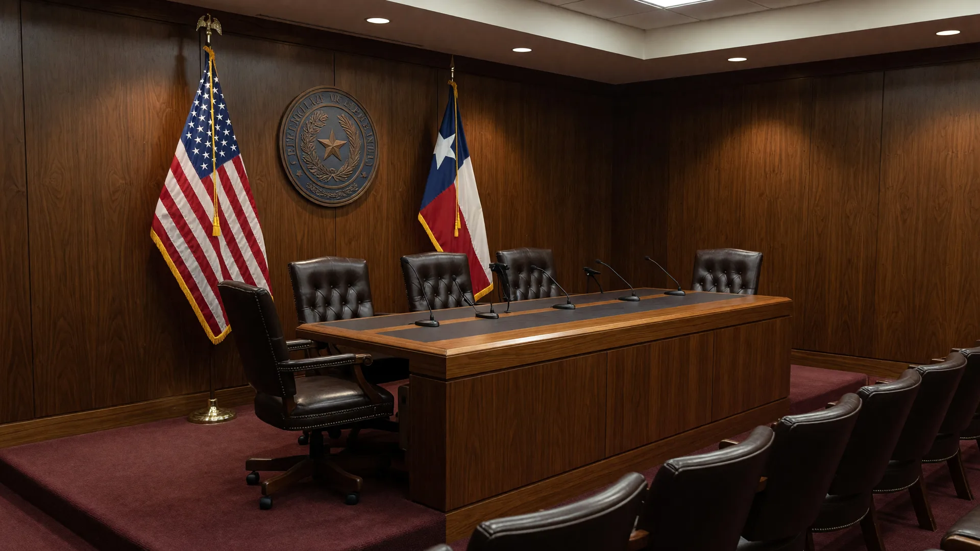 Formal city council meeting room in Paris, Texas with wood paneling, flags, and leather chairs