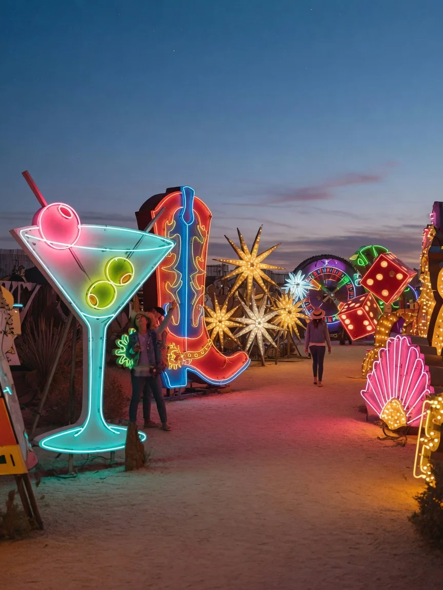 The Neon Museum boneyard glowing at dusk under the evening lights of Las Vegas