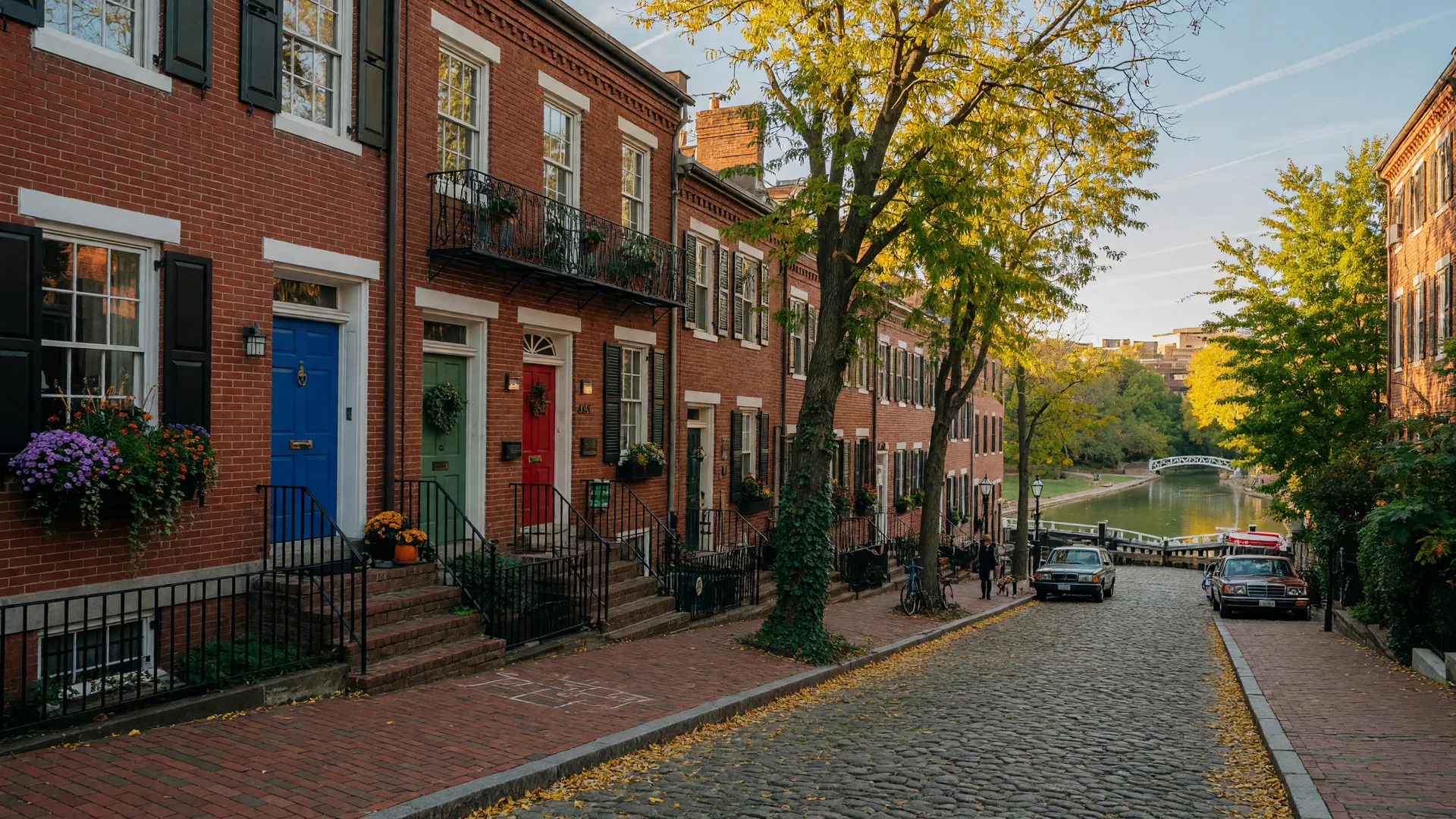 Historic Georgetown row houses and cobblestone streets in Washington, DC