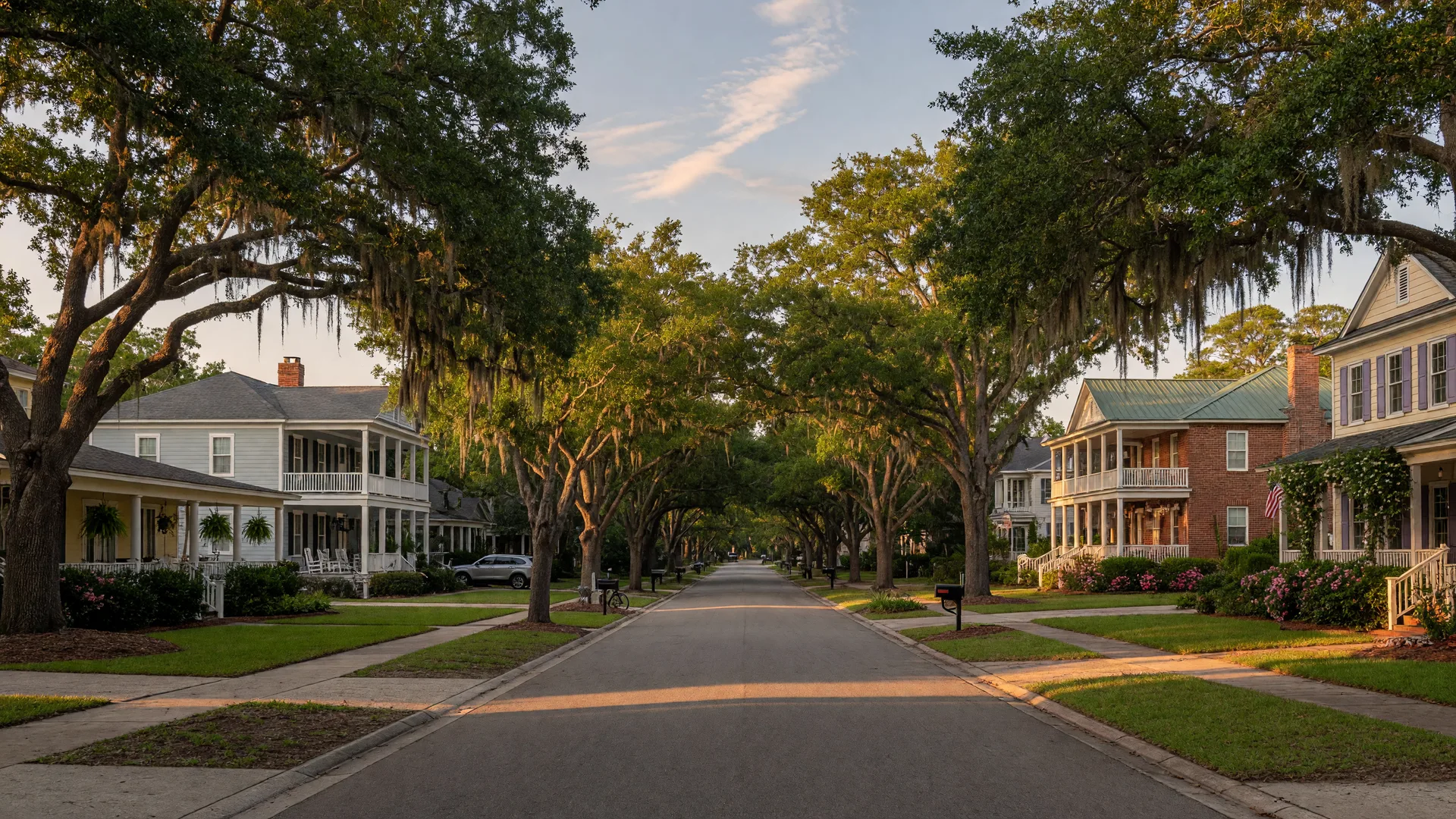 A tree-canopied Mount Pleasant residential street lined with live oaks and well-kept single-family homes in warm late-afternoon light
