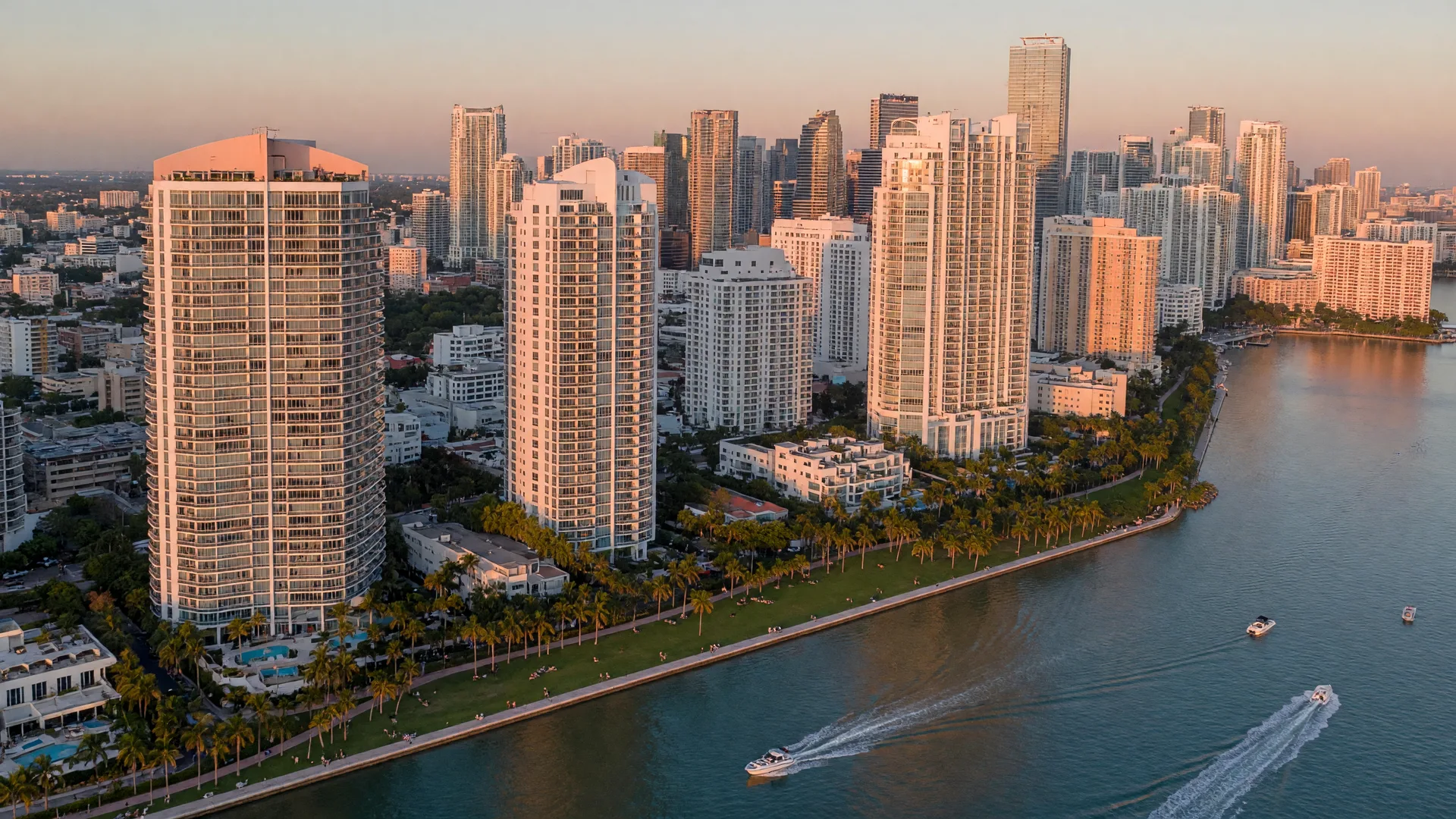 Aerial view of downtown Miami condominium towers along Biscayne Bay
