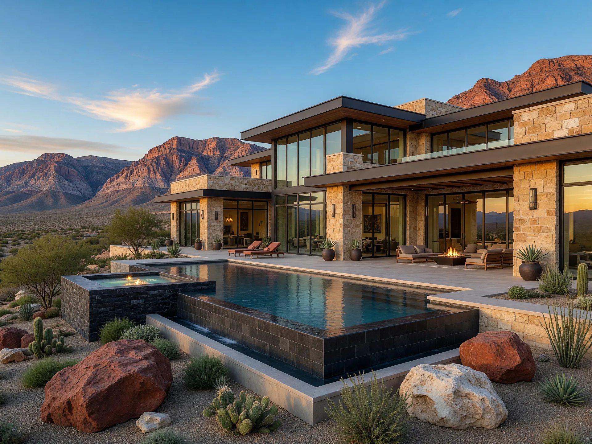 Golden-hour luxury custom estate with infinity pool and desert mountain views near The Summit Club