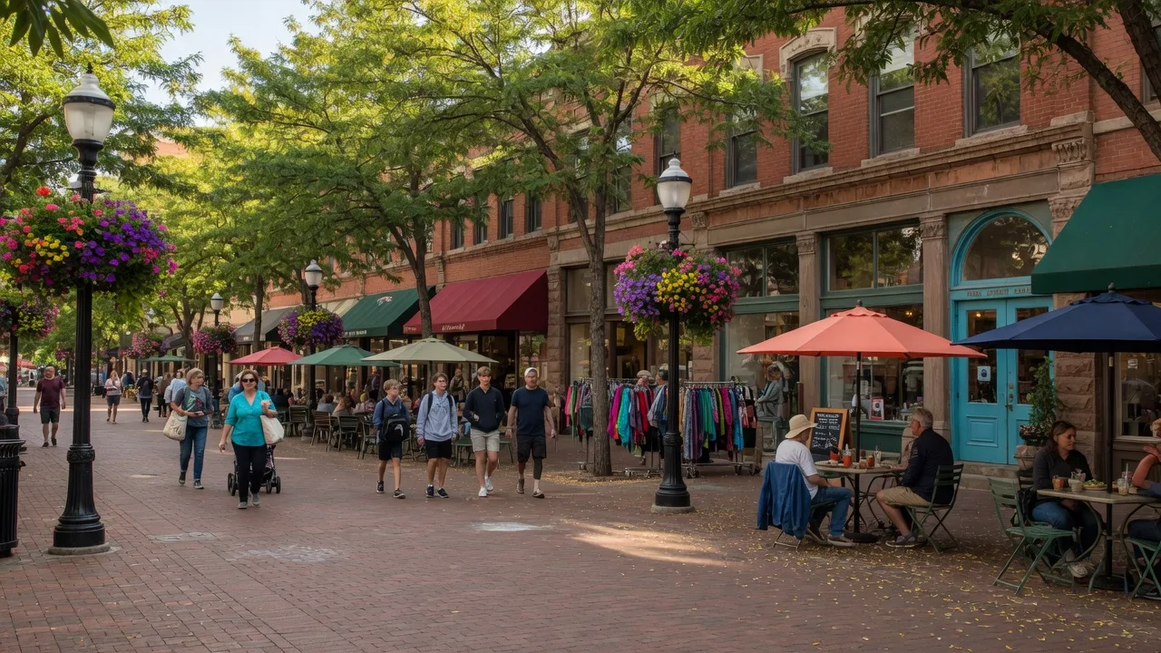 Pearl Street Mall with pedestrians and shops in downtown Boulder Colorado