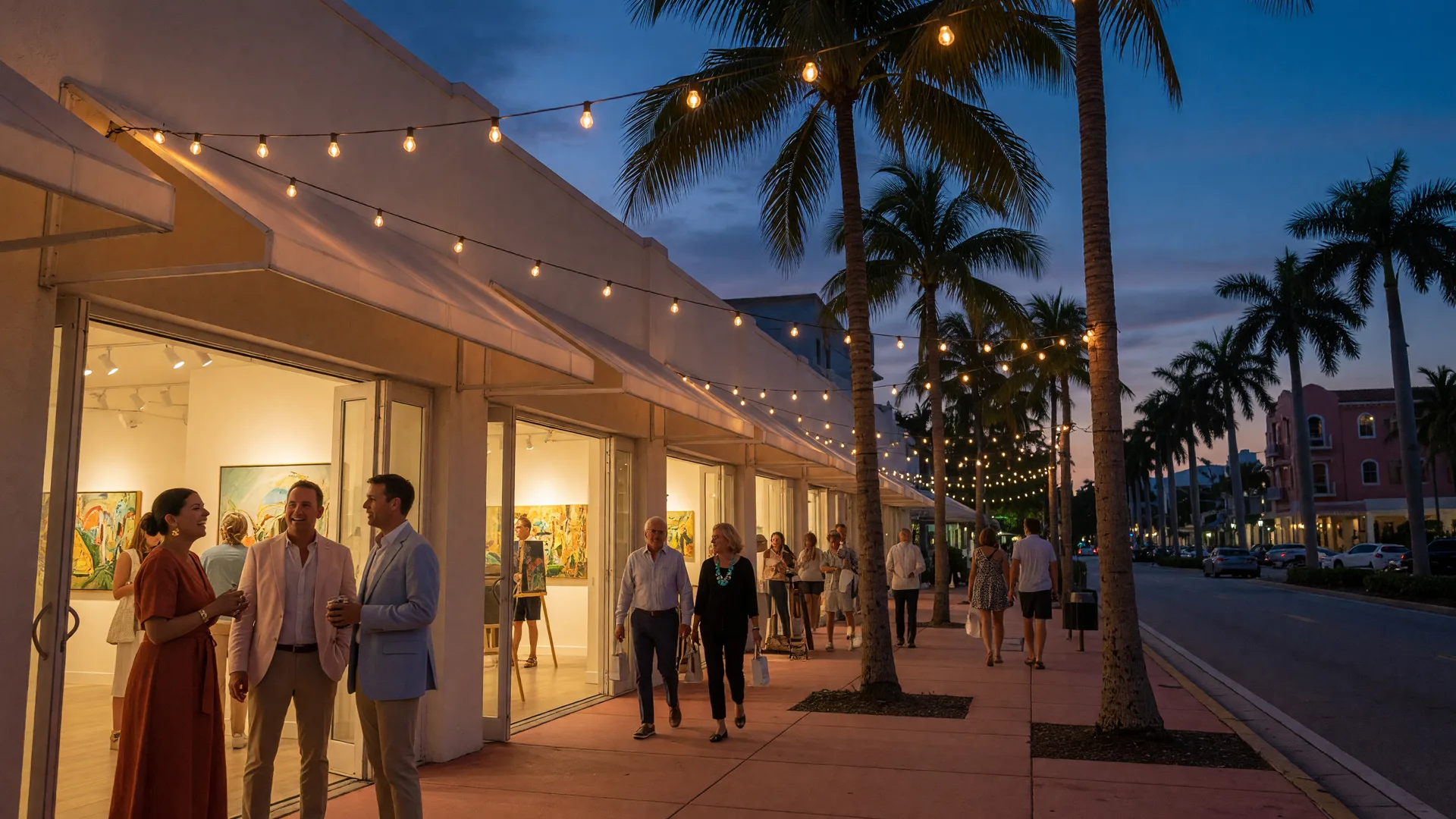 An evening gallery opening on Atlantic Avenue in downtown Delray Beach, warm string lights above palm-lined sidewalks and guests between glowing gallery doorways