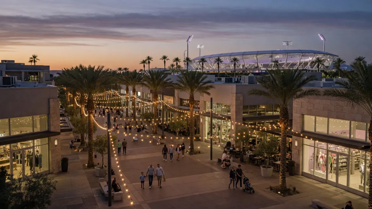 Downtown Summerlin at early evening with warm lights, palm-lined streets and storefronts, representative illustrative imagery