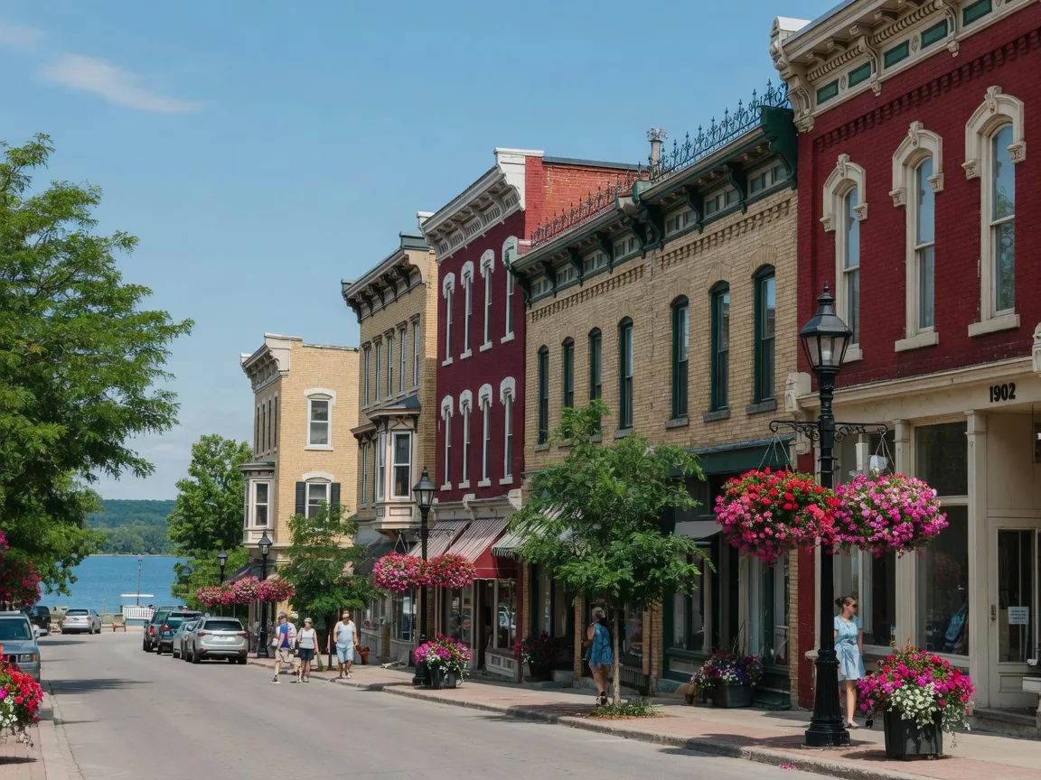 Heritage brick storefronts and century homes along Queen Street in downtown Port Perry with ornate cornices, tall windows, and a heritage streetlamp, with Lake Scugog visible at the end of the street