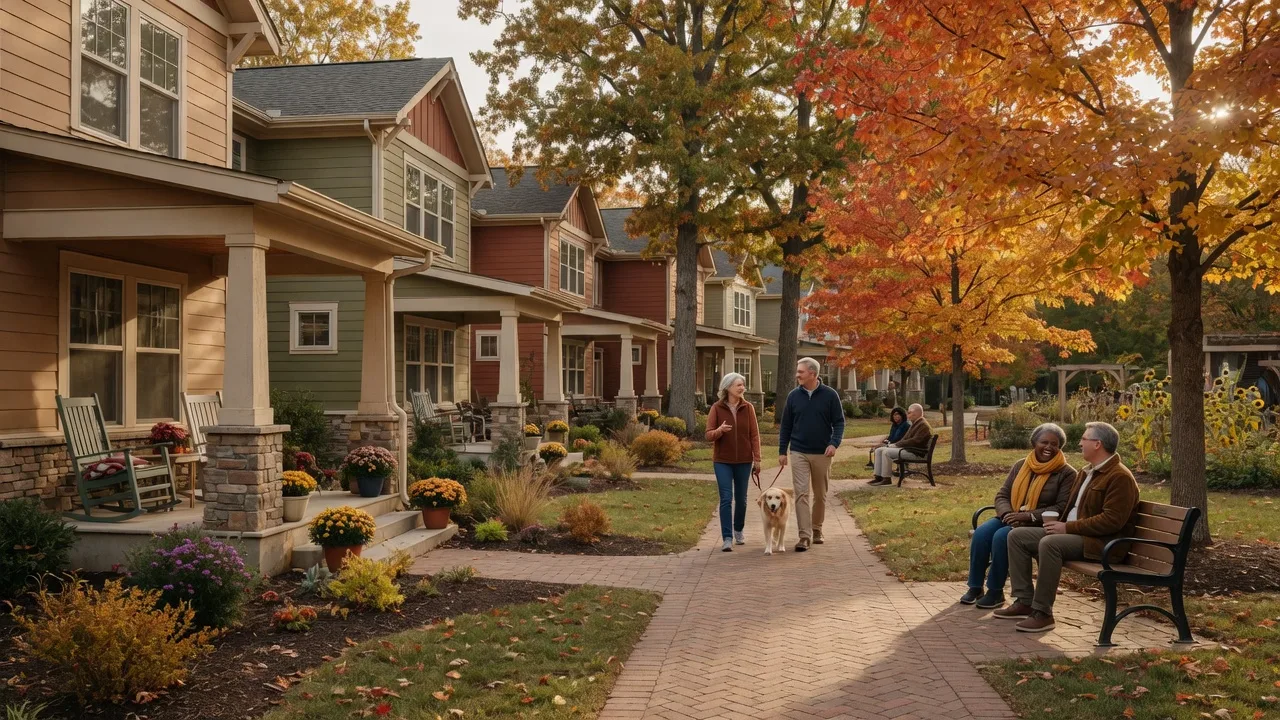 55+ active adult community in Fairfax County, Virginia with Craftsman-style homes and autumn foliage