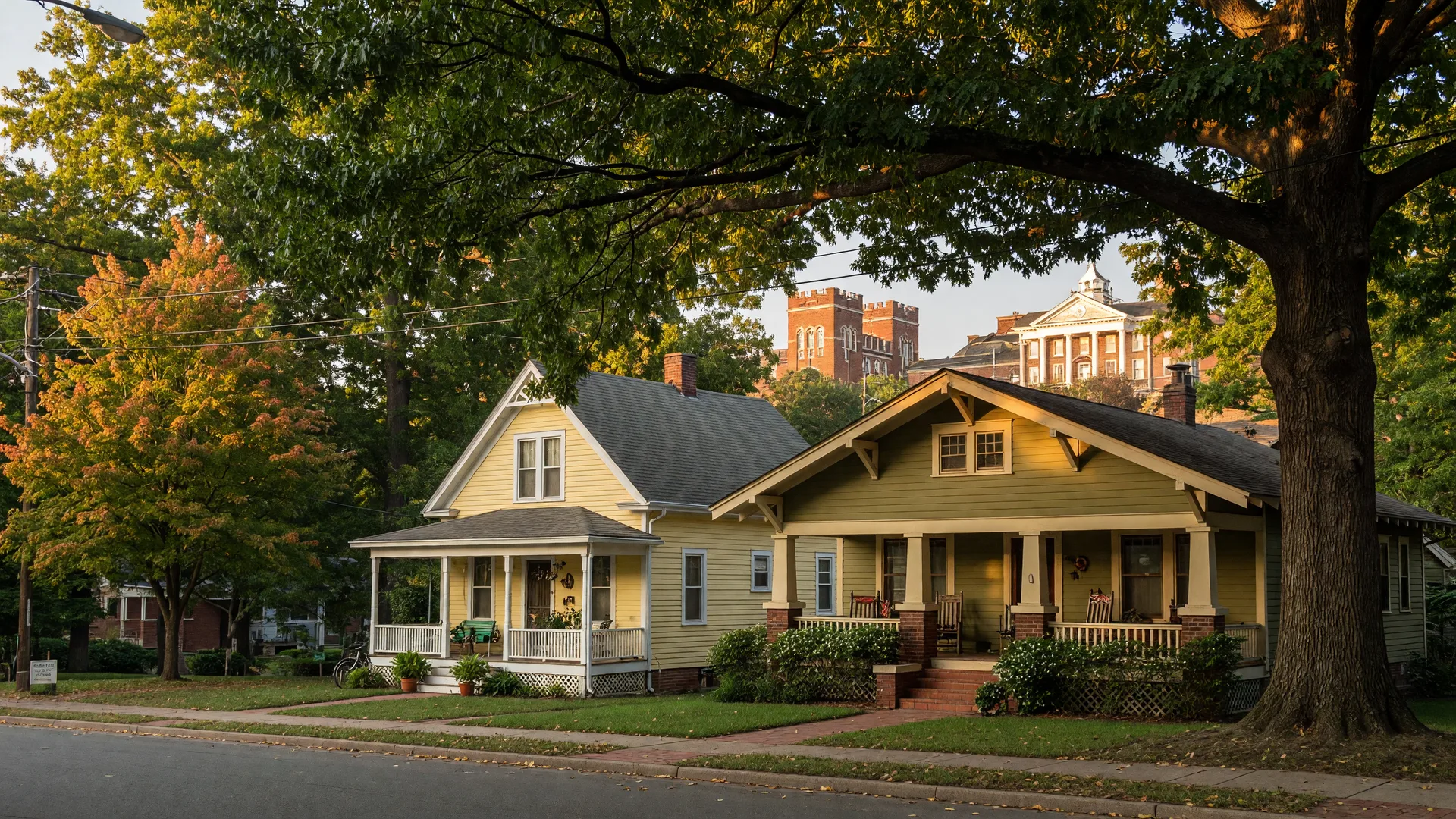 Historic shotgun houses and Craftsman bungalows on a tree-lined street in Biddleville Charlotte NC with mature oak trees and afternoon light