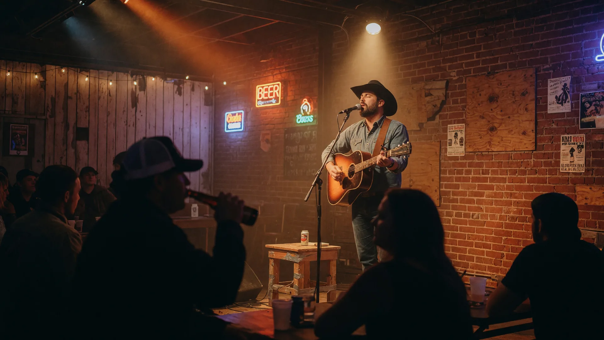 A solo country singer with an acoustic guitar on a small roadhouse stage under warm amber lights