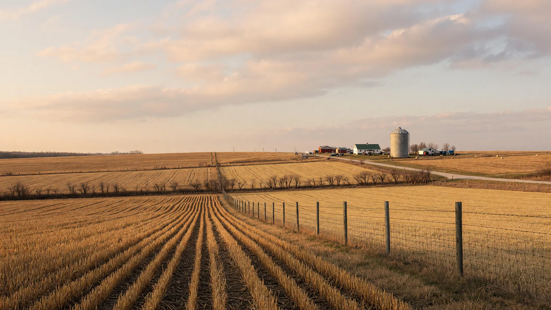 Harvested farmland with fence lines along the I-65 corridor between Franklin, Kentucky and Nashville in golden light