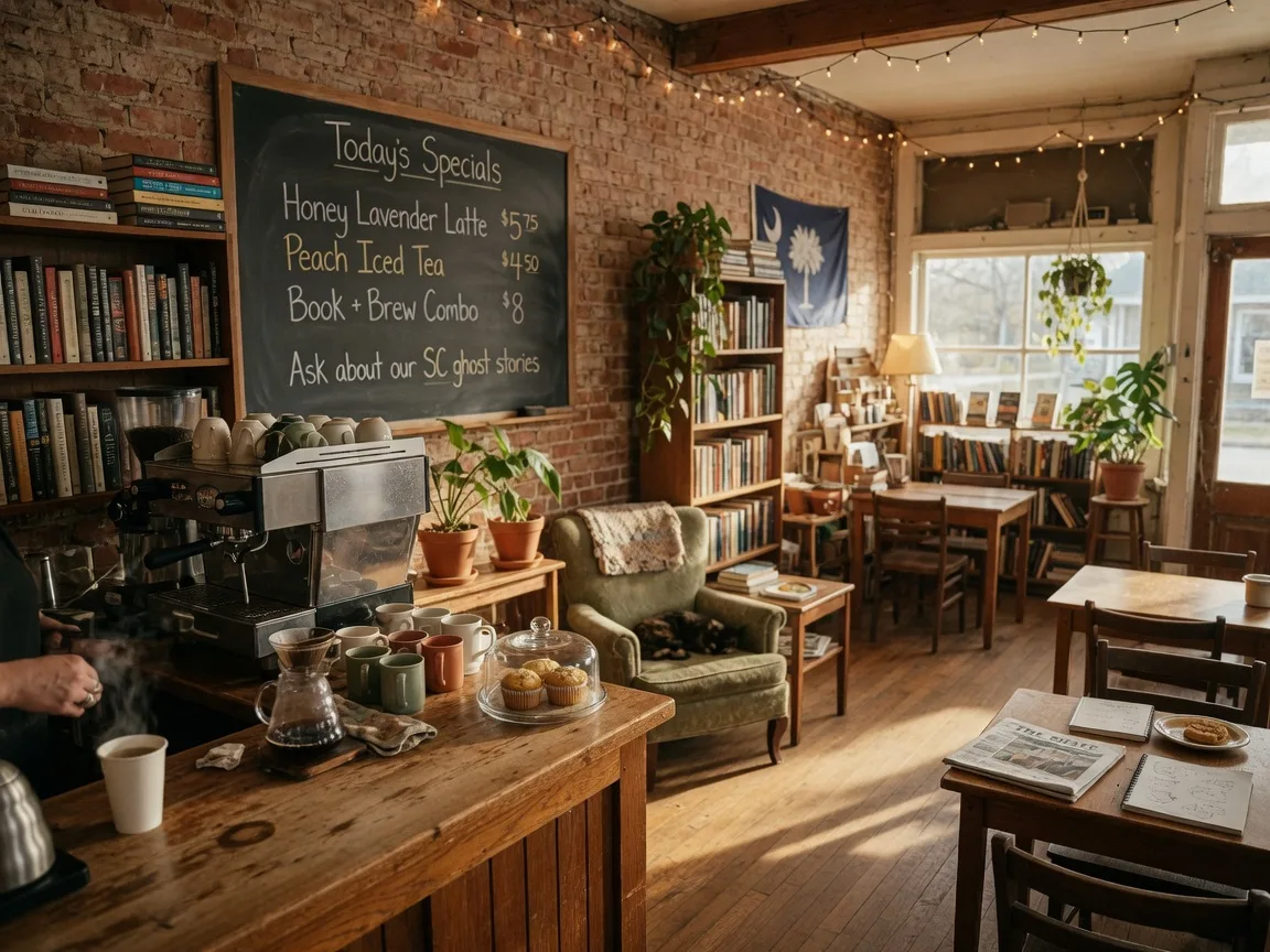 Cozy interior of a coffee shop and bookstore in Lexington, SC with warm afternoon light, exposed brick, wooden tables, and bookshelves