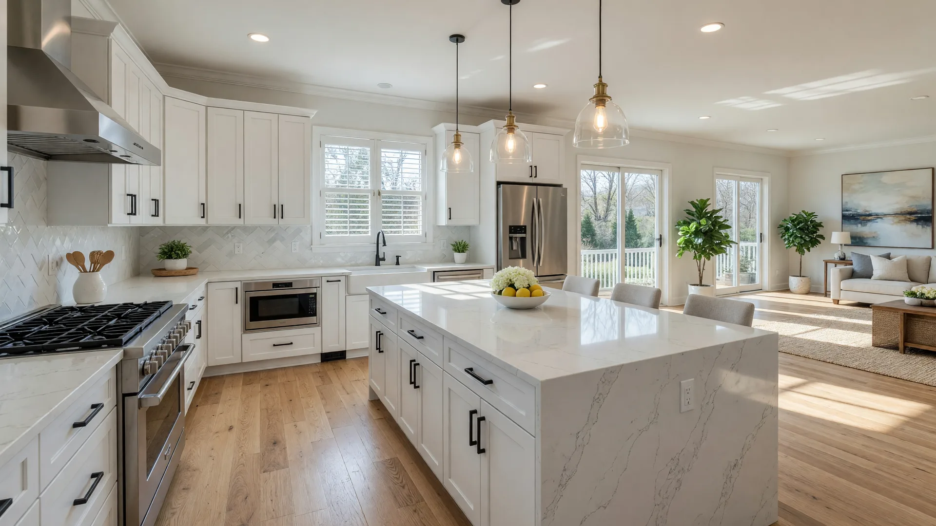 Beautifully renovated modern kitchen in a South Jersey home with white shaker cabinets, quartz countertops, and stainless steel appliances