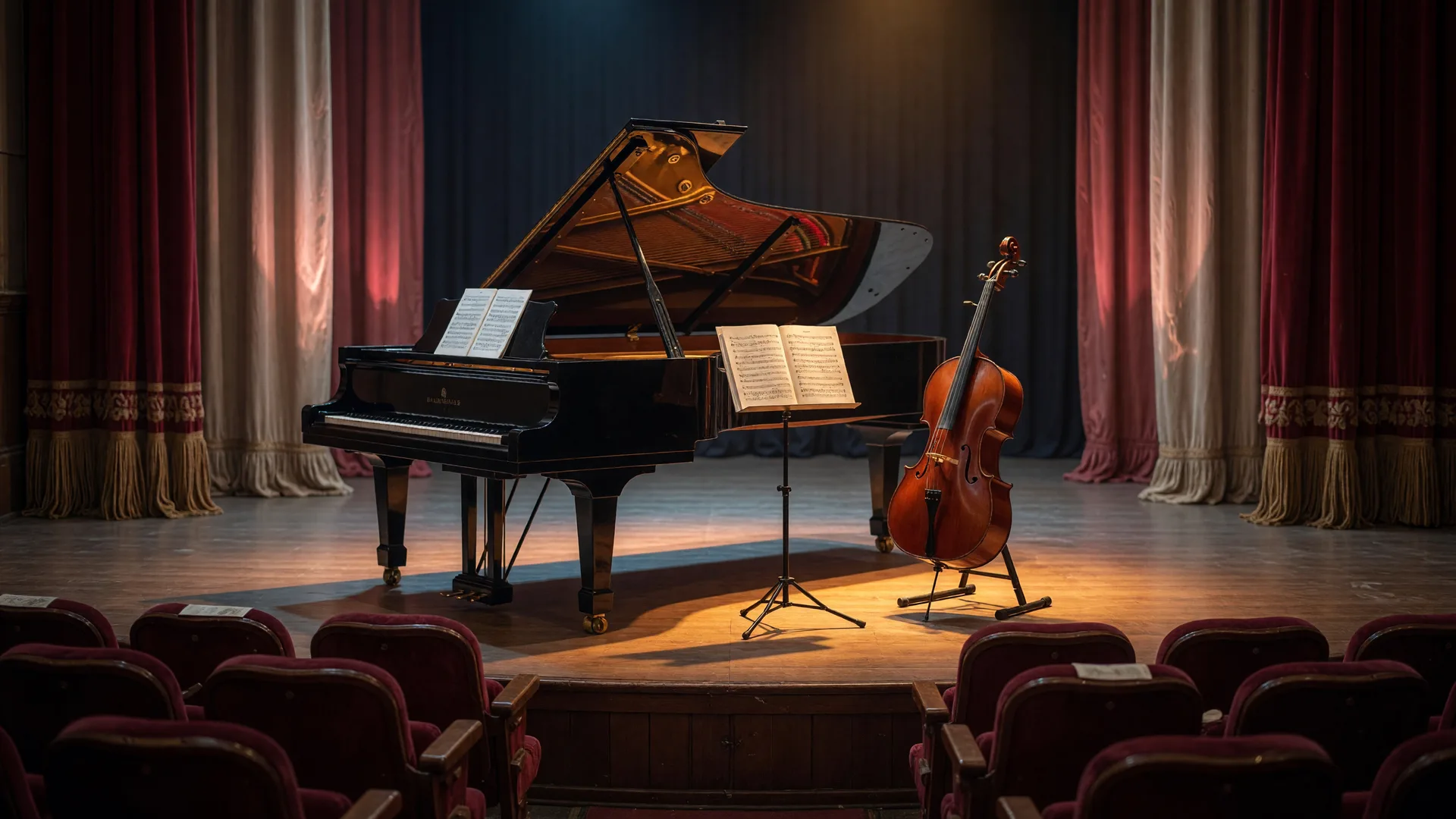 A classical recital stage with a concert grand piano under warm amber spotlights and a cello on a stand