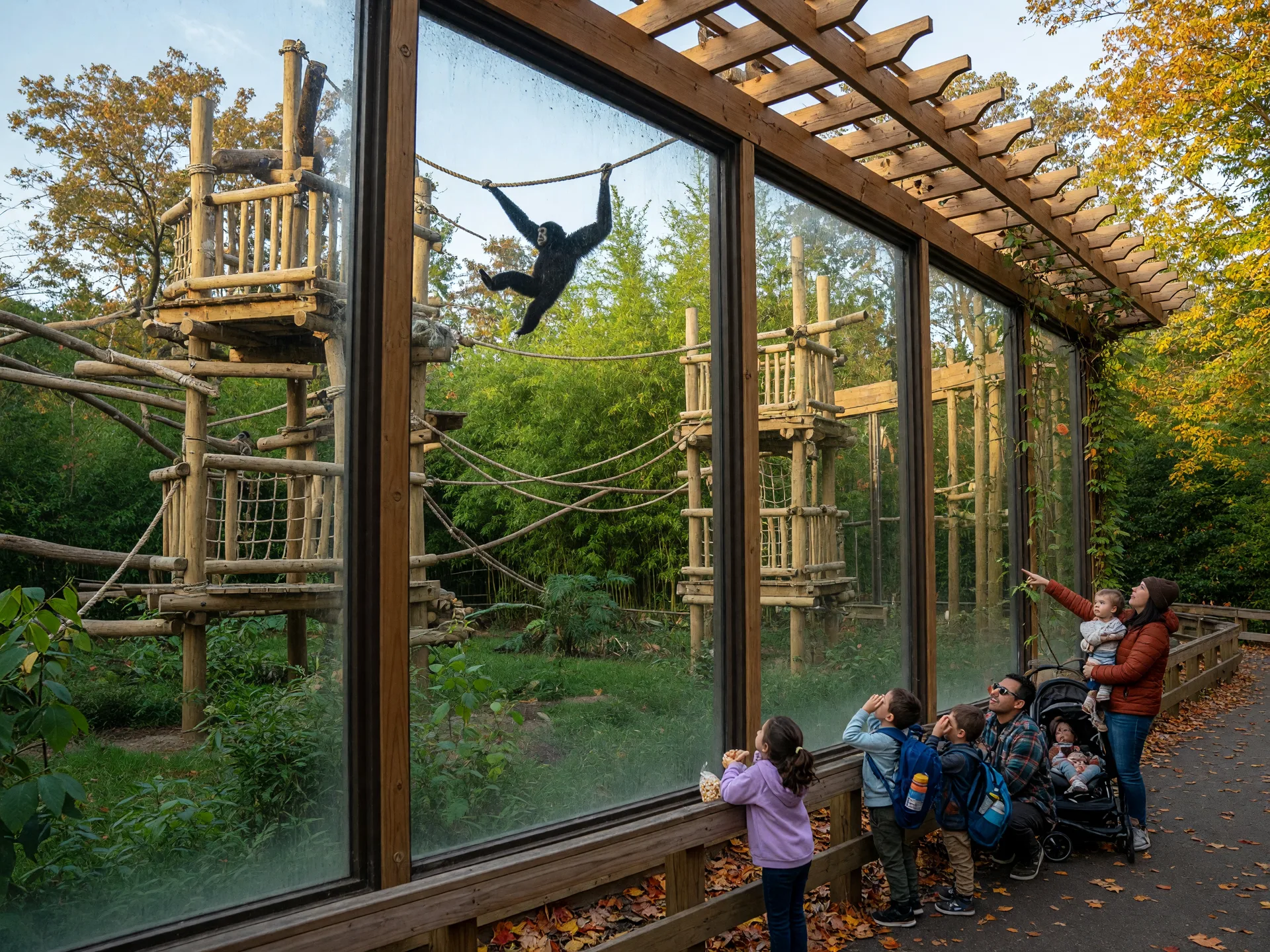 Renovated gibbon habitat at Turtle Back Zoo in West Orange NJ with new wooden climbing towers, pergolas, and viewing windows, a gibbon swinging between branches, and visitors watching from the path on a bright autumn afternoon