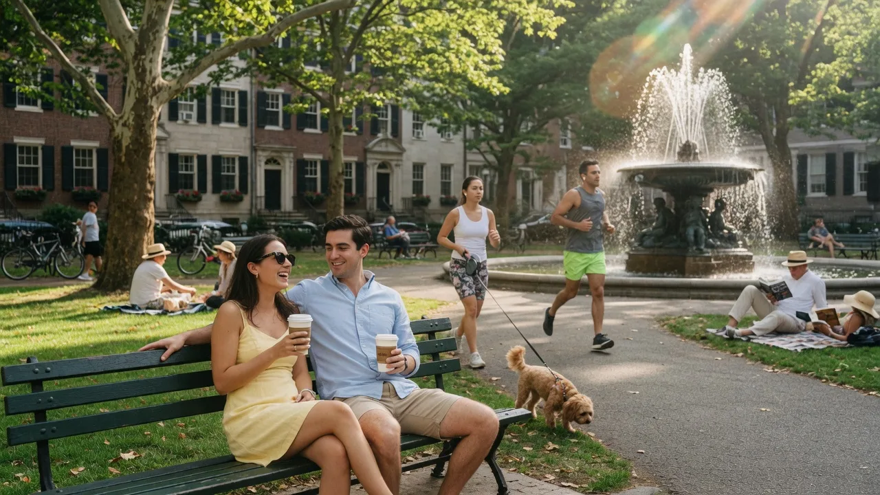 Rittenhouse Square park in Center City Philadelphia with fountain and historic high-rises
