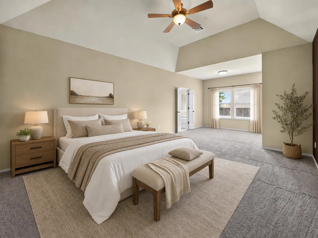 Primary bedroom at 4604 N Narcissus Ave, virtually staged with a king bed, layered linens, and linen window treatments under the vaulted ceiling