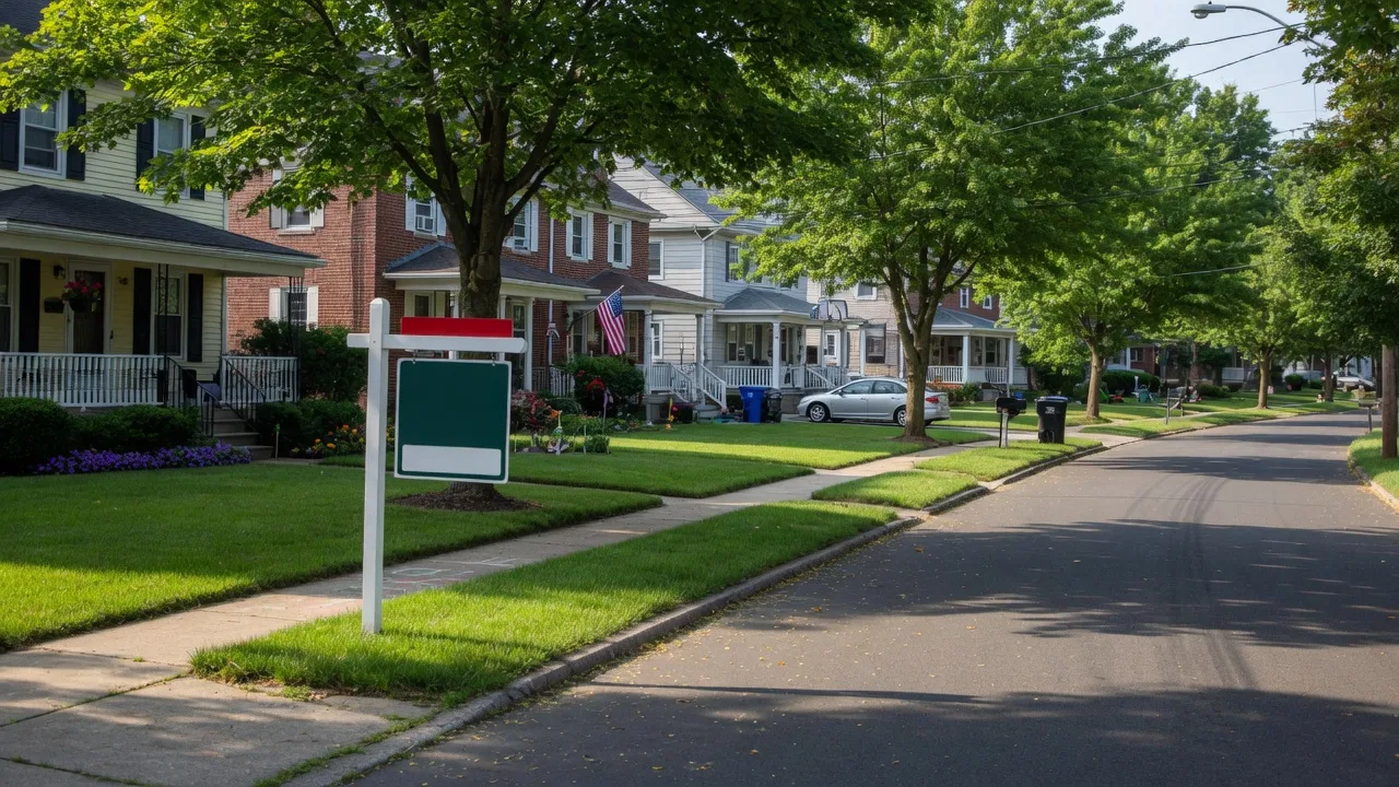 A quiet suburban residential street in Bloomfield NJ with mature trees and well-maintained single-family homes on a sunny summer afternoon