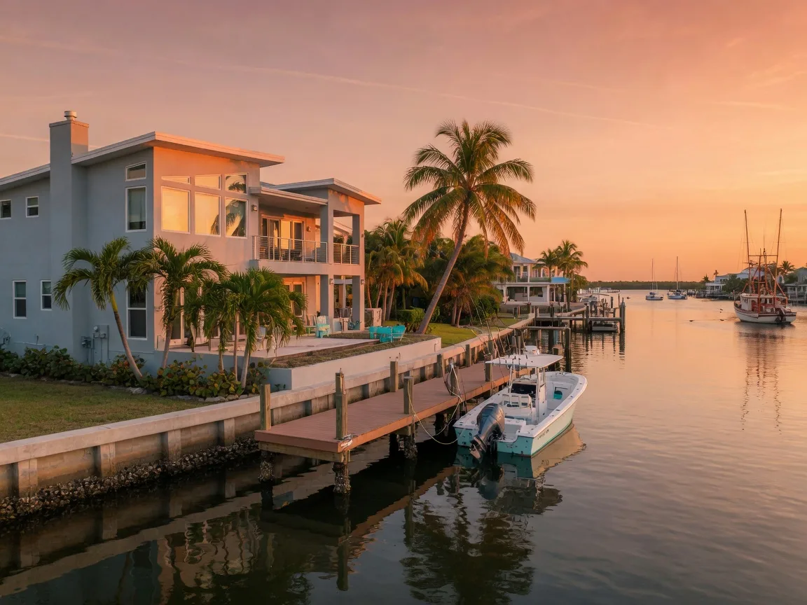 A Gulf Coast waterfront home near Bradenton with a dock and boat at golden hour