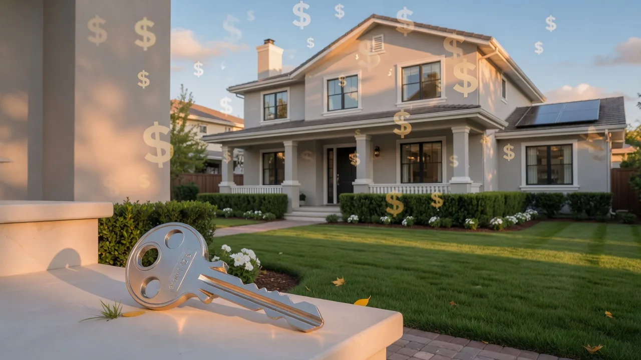 Modern suburban home exterior with keys representing home equity