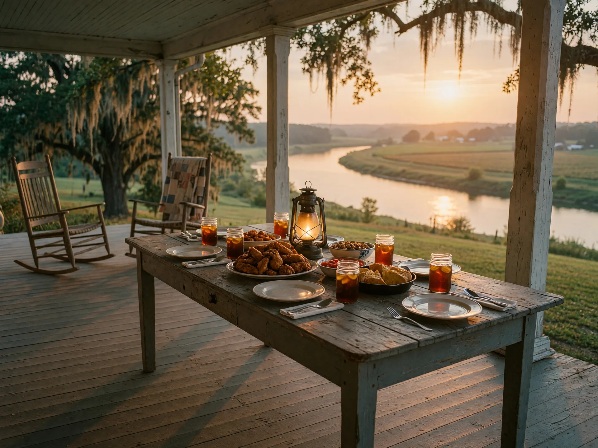 A dinner table set on a covered porch of a historic Southern farmhouse, with plates, mason jars, and a kerosene lantern, looking out toward a river valley at golden hour