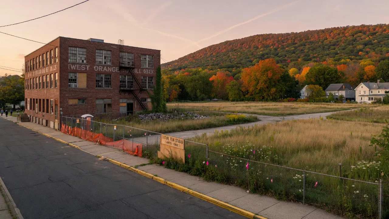 A proposed film production studio campus site in West Orange NJ with red brick industrial buildings and a fenced vacant parcel near the Watchung Mountain ridge