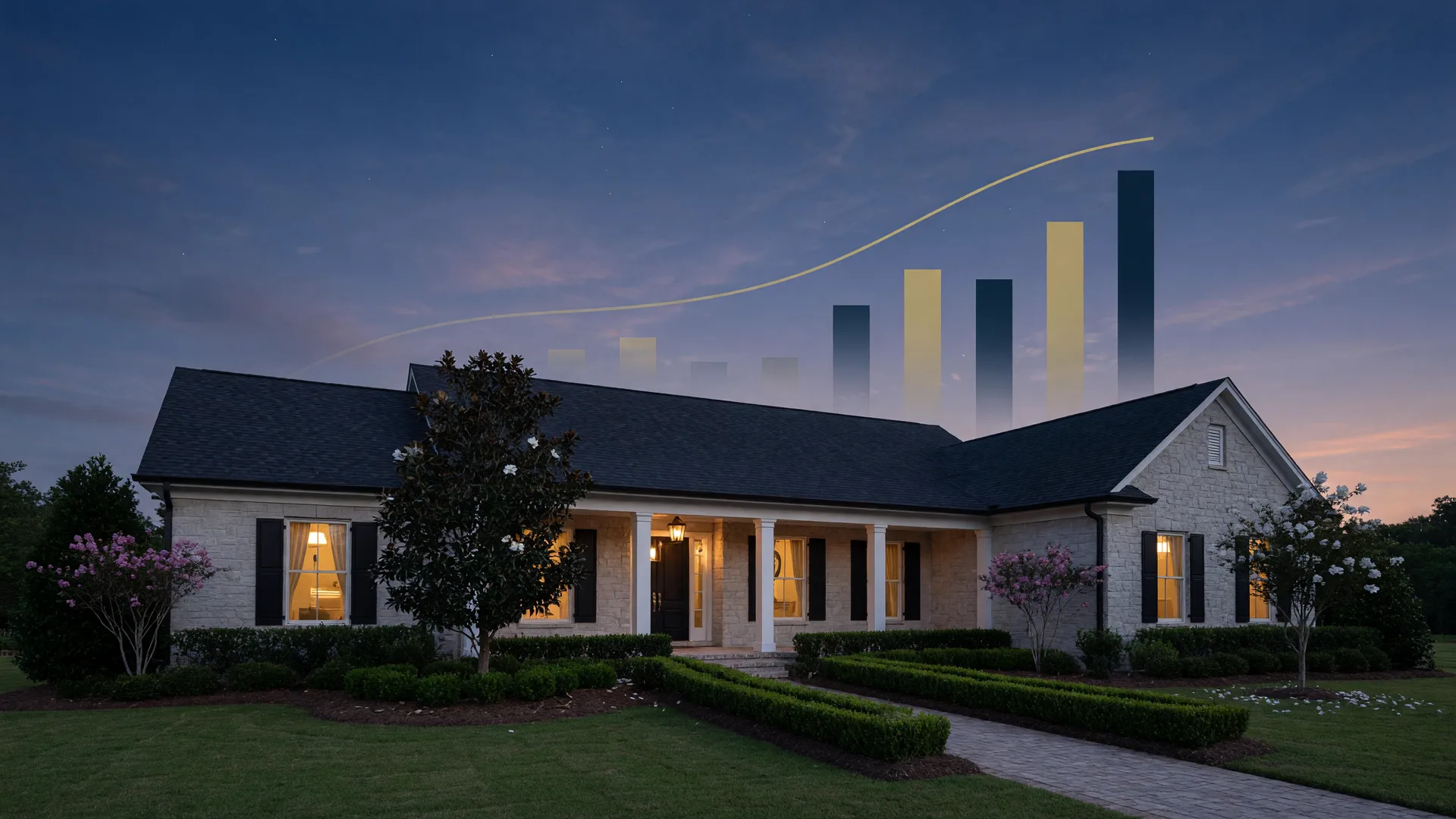 Editorial hero photograph of a beautiful home at golden hour under a warm sky