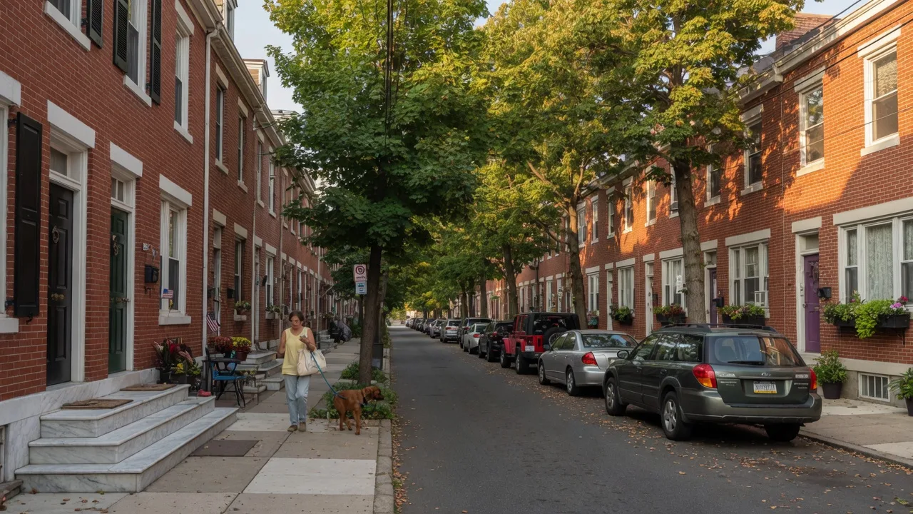 Tree-lined residential street in Graduate Hospital Philadelphia with historic brick rowhomes and warm afternoon light