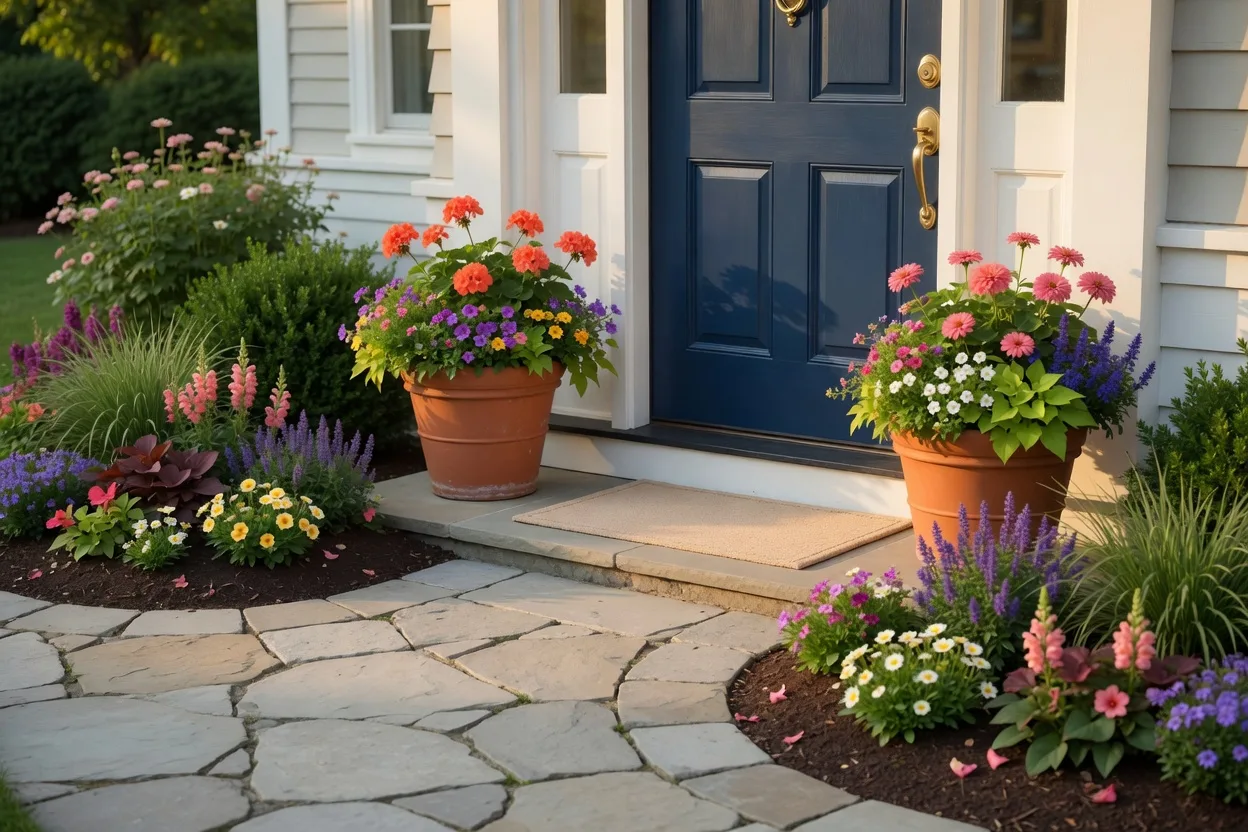 Attractive home exterior with warm lantern lighting, a covered front porch, and stone facade showing strong curb appeal