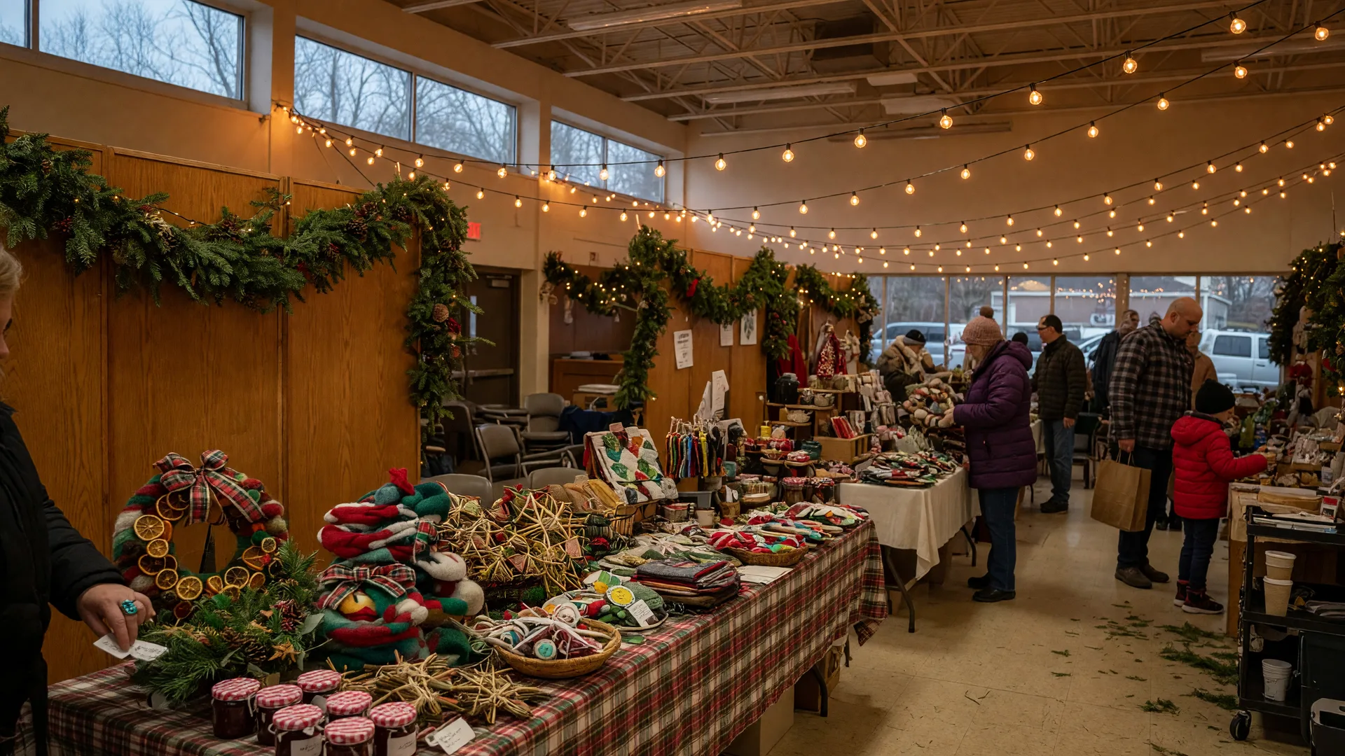 The warm interior of a festive holiday craft market in Willow Grove, Pennsylvania