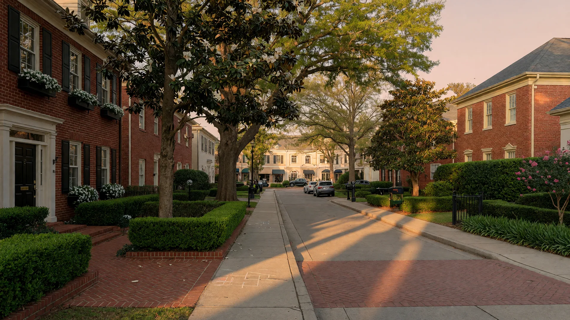 Upscale established SouthPark Charlotte neighborhood with landscaped brick homes and mature trees in late-afternoon light