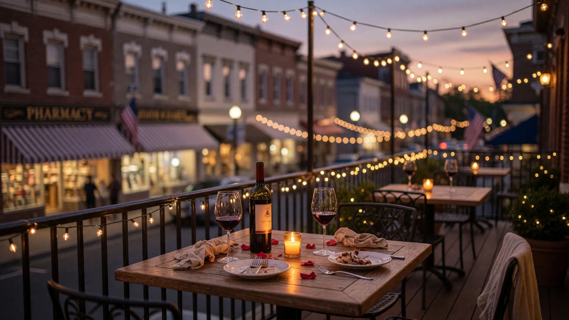 Romantic date night patio in South Jersey with string lights and candlelit table