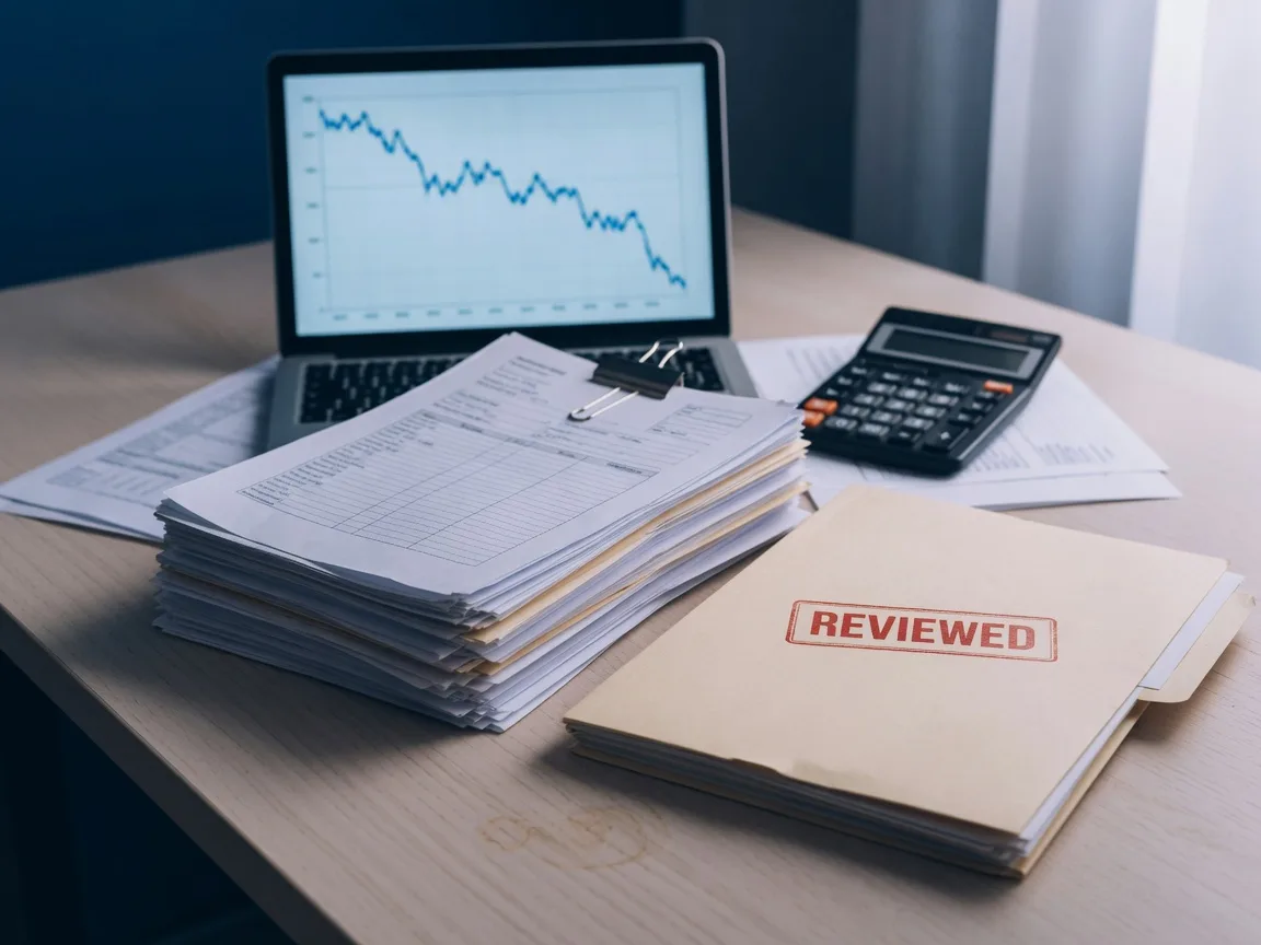 An organized lender-review desk with a stack of short-sale documents, a laptop showing a chart, and a calculator.