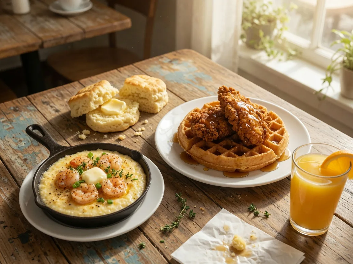 Southern brunch spread with biscuits, chicken and waffles, and shrimp and grits at Brunch and Bloom in Atascocita, Texas