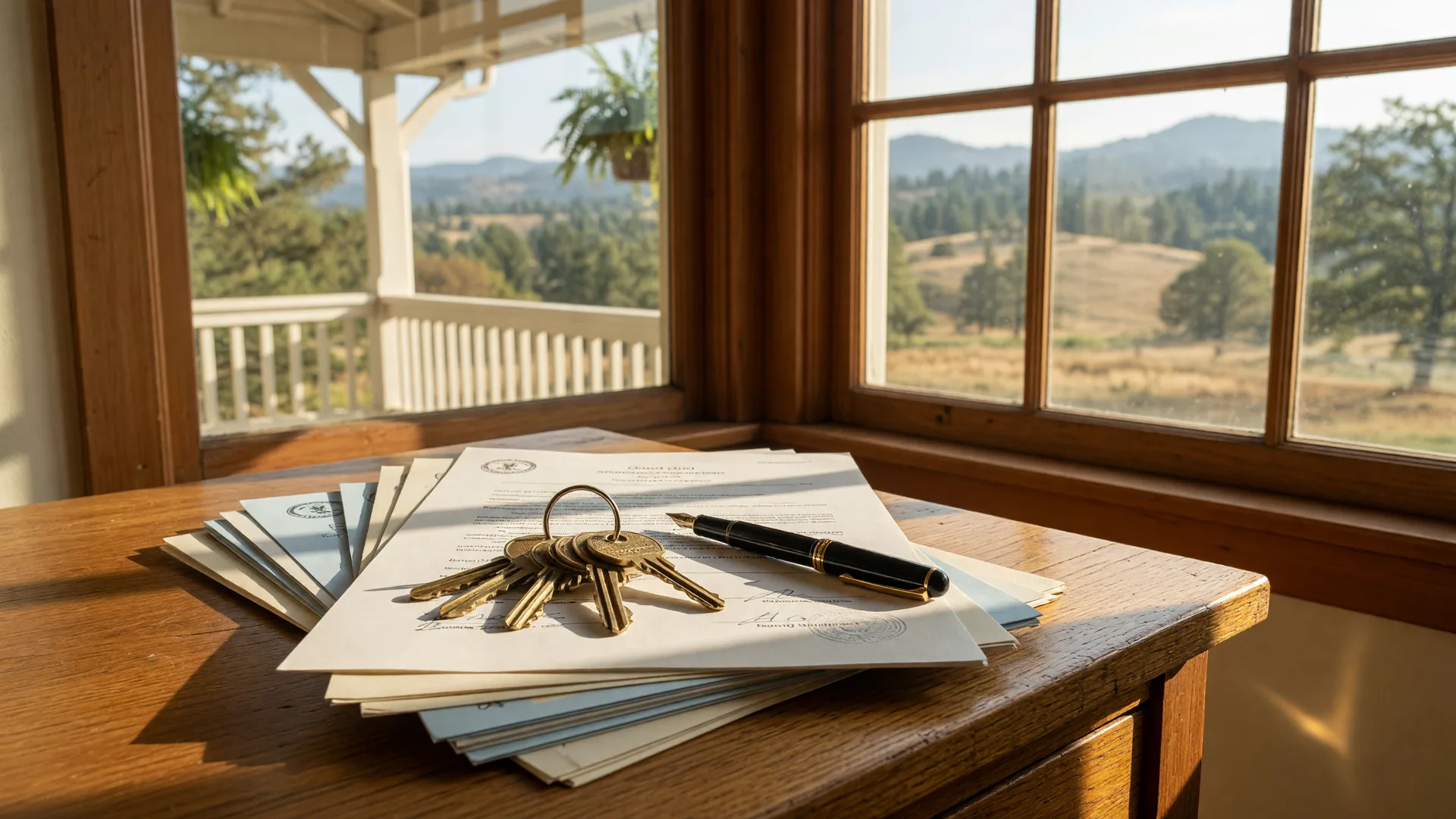 Brass house keys and a pen resting on closing documents in a bright Southern Oregon craftsman home, with a covered porch and foothills visible through the window