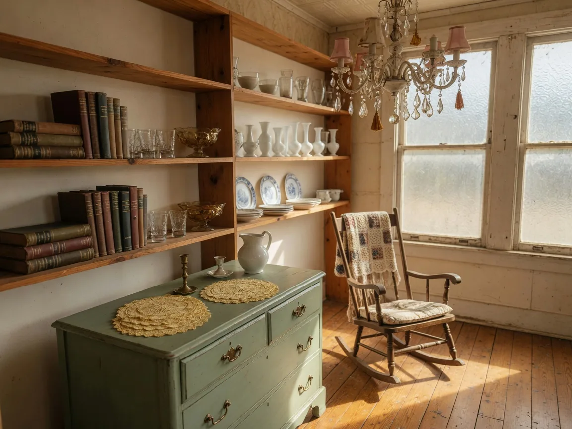 The interior of an antique shop in an old Texas house with refinished furniture and vintage finds
