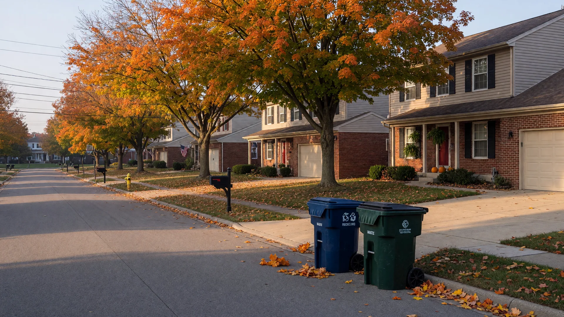 A quiet Beavercreek, Ohio suburban street on a late October morning with brick and siding homes under maples turning orange and gold, a wheeled trash cart and a recycling cart at the curb by the driveway