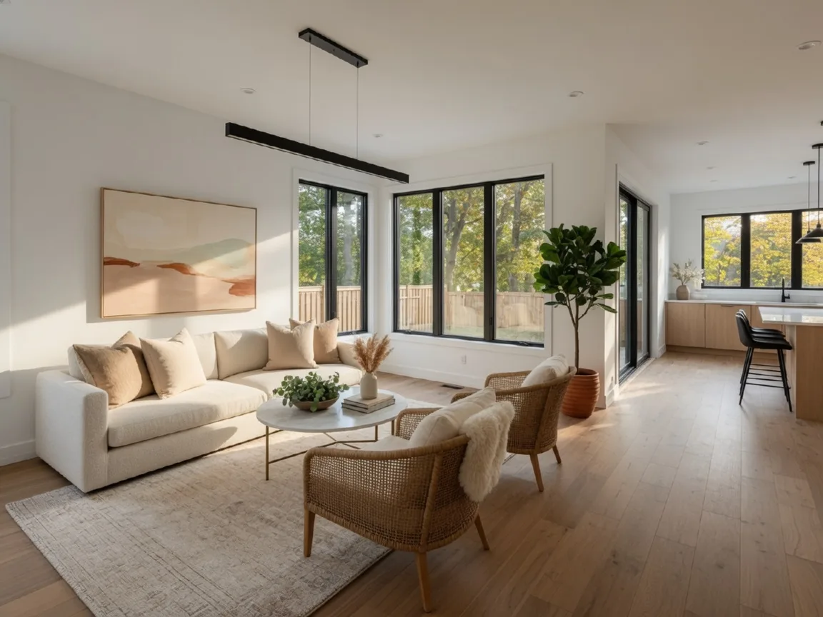 A bright, modern open-concept living room in an East Gwillimbury home with hardwood floors and neutral decor