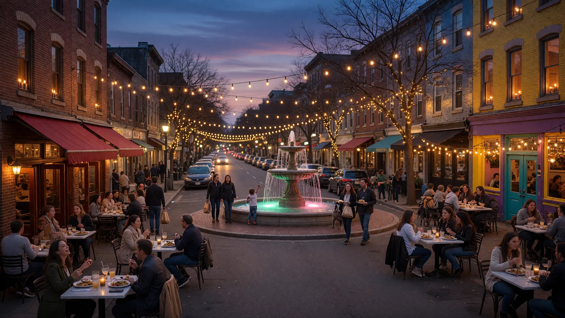 East Passyunk Avenue dining scene at twilight with Singing Fountain, string lights, and outdoor patios