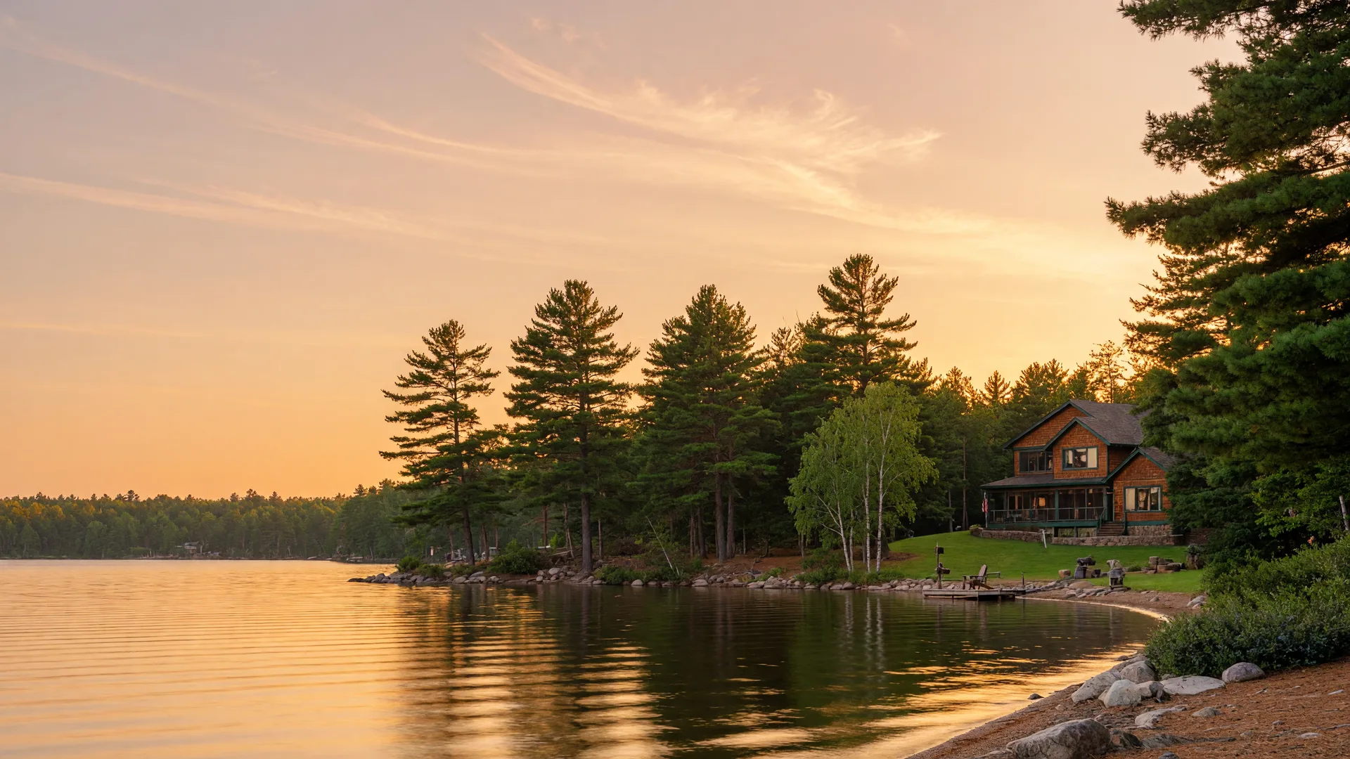 Serene Minnesota lake at golden hour with calm reflections