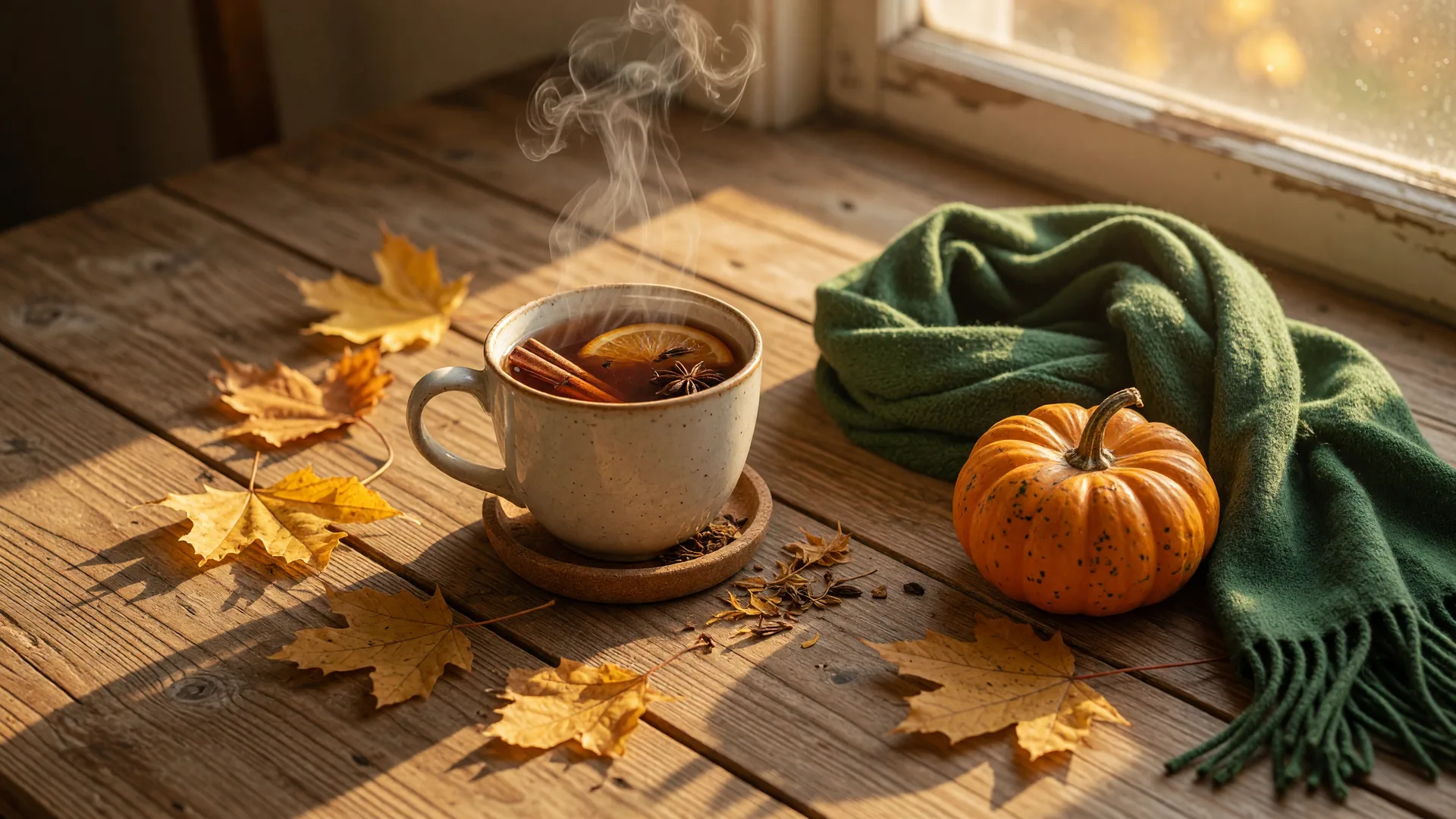 Golden autumn leaves, a wool scarf, and a steaming mug of tea on a rustic wooden table