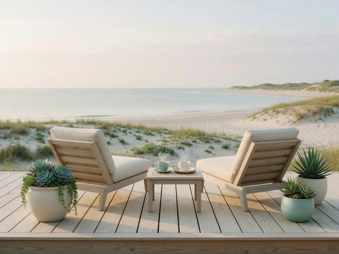 Coastal patio with lounge chairs looking toward the morning sky