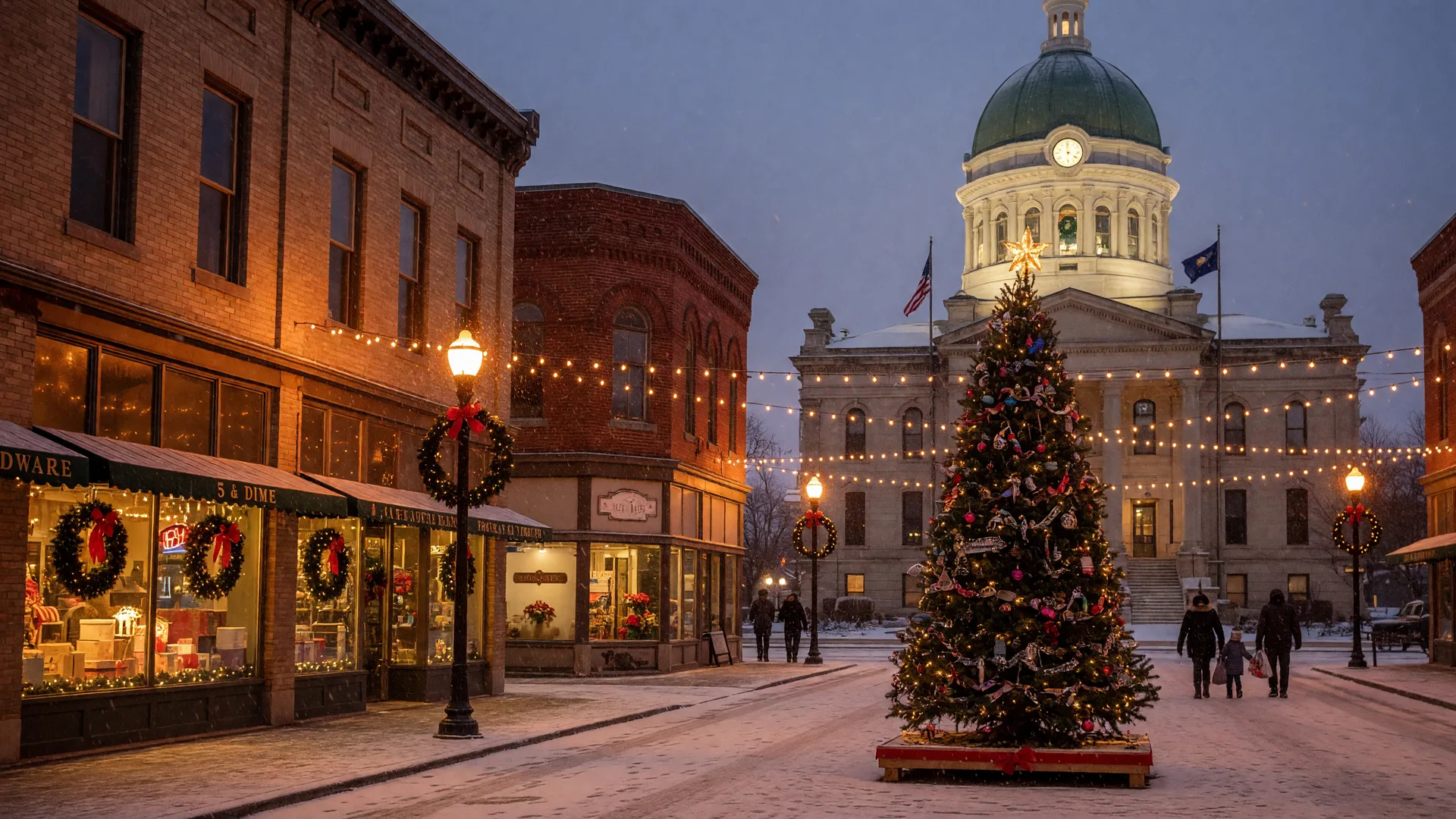 A festive small-town downtown square in Northwest Indiana in December with warm holiday lights strung across the street, a decorated Christmas tree in the center, glowing storefront windows with wreaths, a softly lit historic courthouse dome in the background, and light snow falling