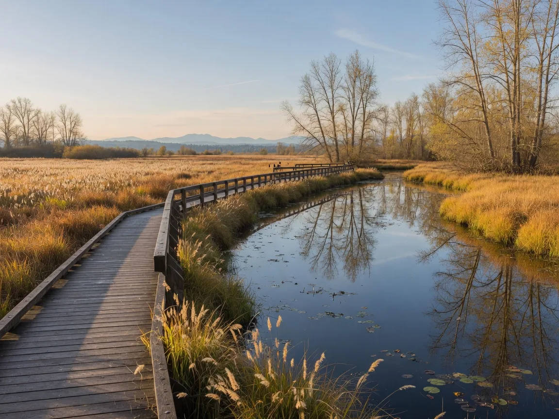 A boardwalk trail winding through the wetlands and cottonwoods of the Tualatin River National Wildlife Refuge on a clear morning