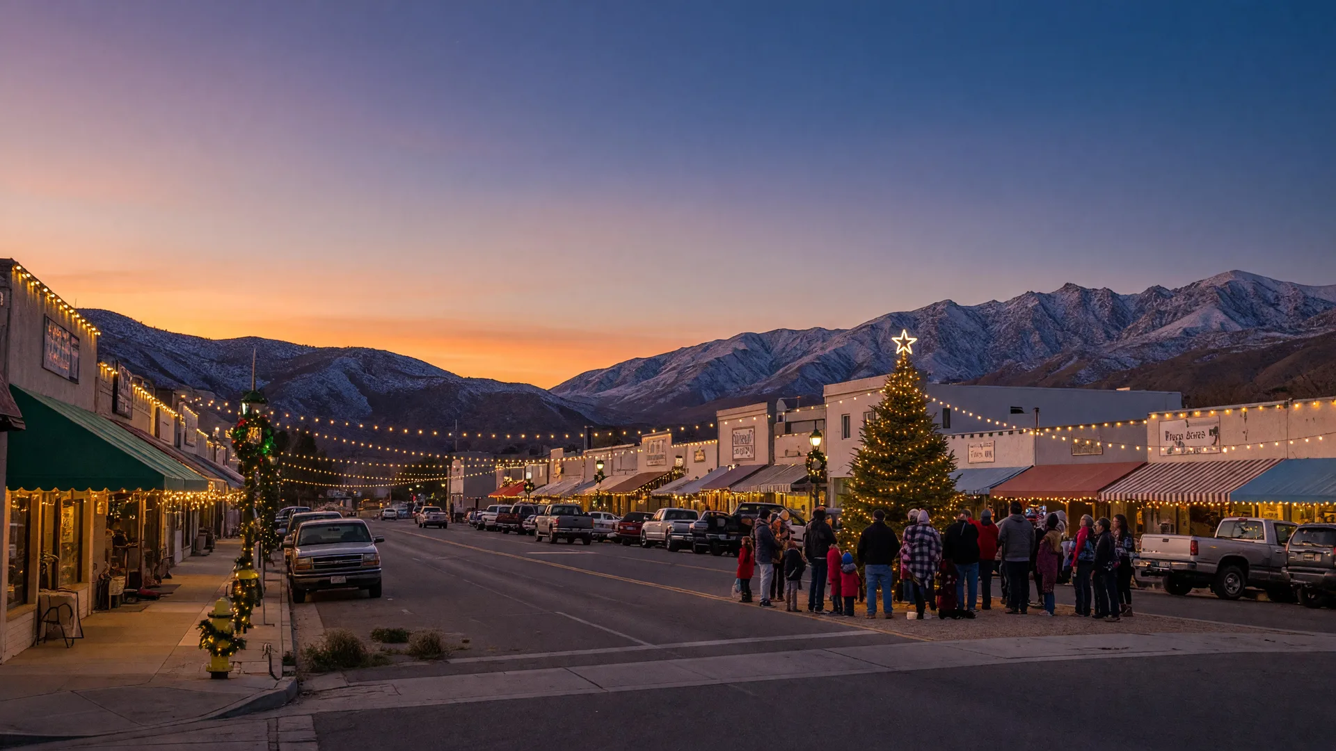 A small Southern California desert town main street dressed for the December holidays, with glowing storefront string lights, a community tree lighting, and snow-dusted mountains on the horizon