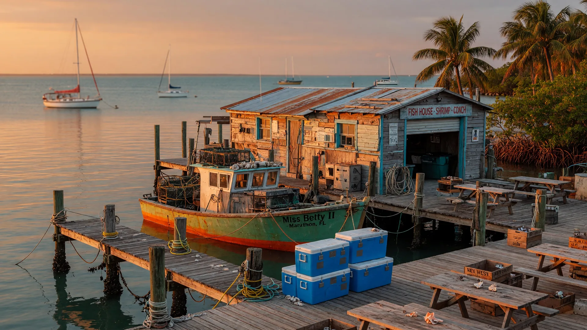 Historic working waterfront fish house dock in Key Largo at golden hour with a weathered fishing boat, ice chests and crates on wooden piers, and palms and mangroves along a calm turquoise bayside basin