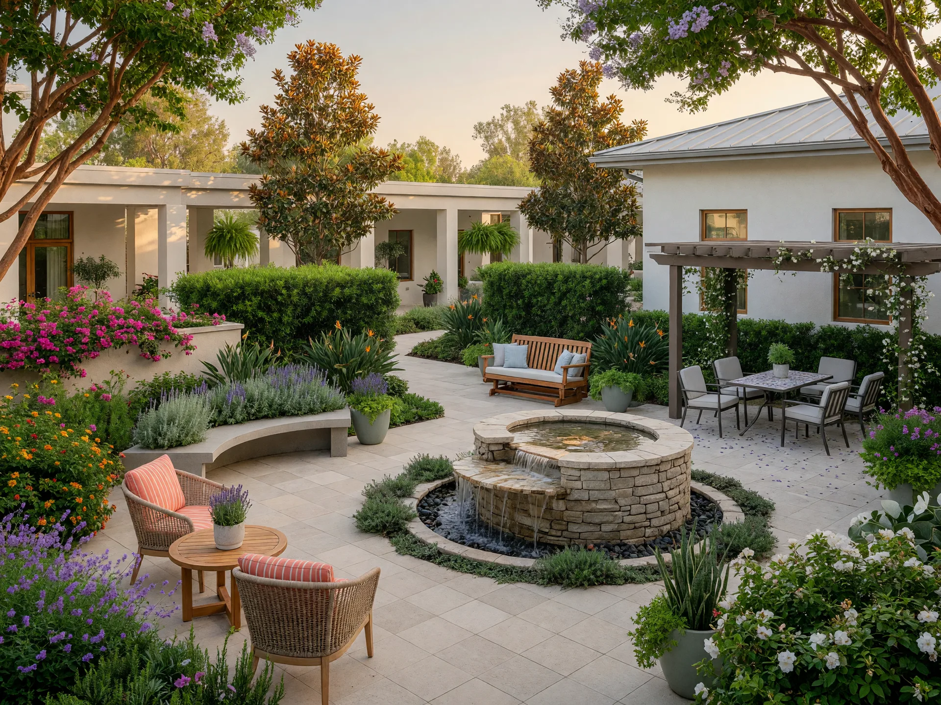 A bright senior living community courtyard with comfortable seating