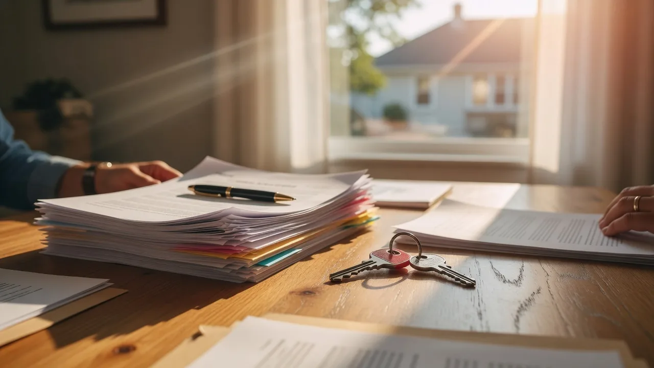 Real estate closing documents with keys on a table