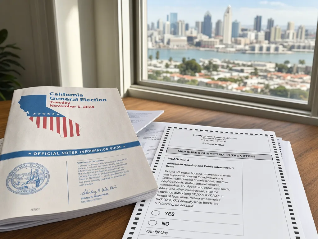 California ballot papers including Measure A on a wooden table with San Diego skyline visible in the background