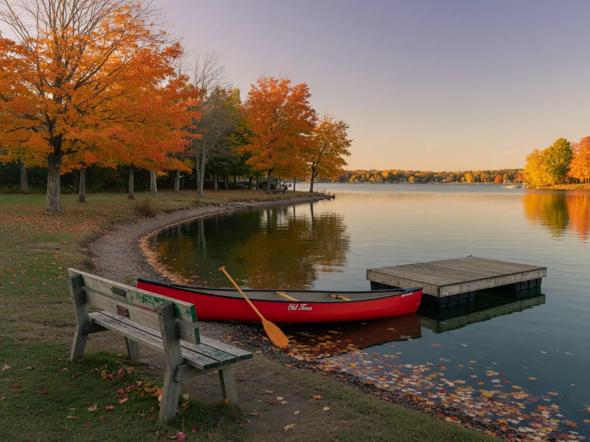 A peaceful October scene on Lake Scugog in Port Perry with a wooden park bench beside a dock, a red canoe pulled ashore, and sugar maples in orange and gold along the shoreline in soft golden-hour light